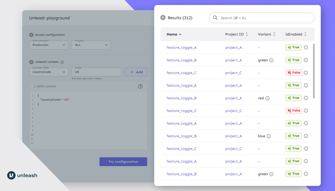 Playground results: a table of feature names and whether they&#39;re enabled or not.